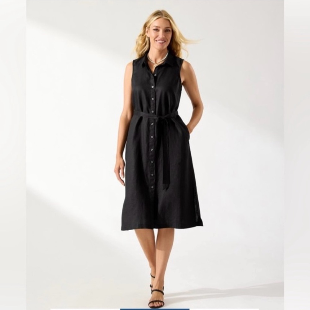 Tommy Bahama Black Linen Shirt Dress Sleeveless Button Front Midi Dress Size XXS